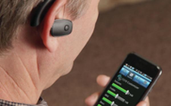Sound World Solution's hearing device lets a user customize its settings using a Bluetooth connection and a smartphone. Sound World Solution's hearing device lets a user customize its settings using a Bluetooth connection and a smartphone.