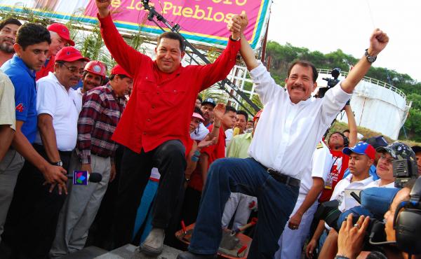 Chavez celebrates a new oil refinery with Nicaraguan President Daniel Ortega in 2007. Nicaragua repays Venezuela for its oil with sugar, coffee and other goods. Chavez celebrates a new oil refinery with Nicaraguan President Daniel Ortega in 2007. Nicaragua repays Venezuela for its oil with sugar, coffee and other goods.