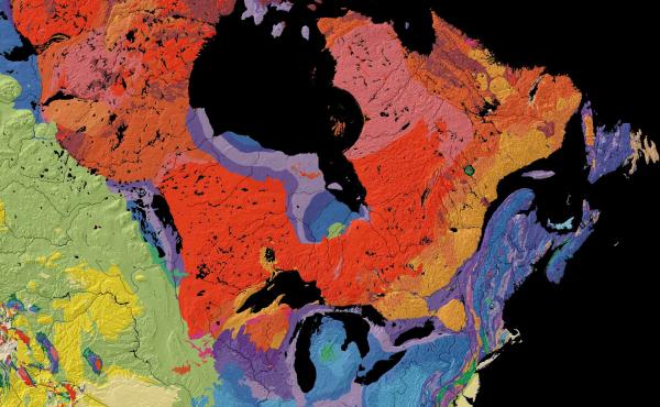 This map, from the United States Geological Survey, shows the age of bedrock in different regions of North America. Scientists found ancient water in bedrock north of Lake Superior. This region, colored red, was formed more than 2.5 billion years ago. This map, from the United States Geological Survey, shows the age of bedrock in different regions of North America. Scientists found ancient water in bedrock north of Lake Superior. This region, colored red, was formed more than 2.5 billion years ago.