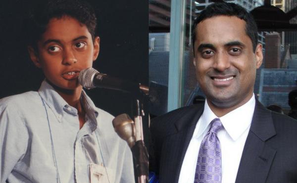 Srinivas Ayyagari onstage in 1992 (left); at right, Ayyagari today. "Seeing someone from ESPN commenting on your style and strategy was bizarre and weird. But it's the closest I'll ever come to being an athlete," Ayyagari says. Srinivas Ayyagari onstage in 1992 (left); at right, Ayyagari today. "Seeing someone from ESPN commenting on your style and strategy was bizarre and weird. But it's the closest I'll ever come to being an athlete," Ayyagari says.