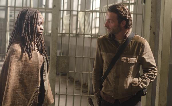 Michonne (Danai Gurira) and Rick (Andrew Lincoln), in between curses on AMC's The Walking Dead. Michonne (Danai Gurira) and Rick (Andrew Lincoln), in between curses on AMC's The Walking Dead.