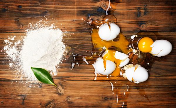 At left: Beyond Eggs' egg-substitute product, a powder made of pulverized plant-based compounds. Right: Mother Nature's version. At left: Beyond Eggs' egg-substitute product, a powder made of pulverized plant-based compounds. Right: Mother Nature's version.