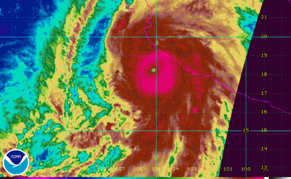 A satellite image of Hurricane Patricia taken at 1:30 p.m. ET shows the storm bearing to the north-northeast toward landfall on Mexico's coast. A satellite image of Hurricane Patricia taken at 1:30 p.m. ET shows the storm bearing to the north-northeast toward landfall on Mexico's coast.