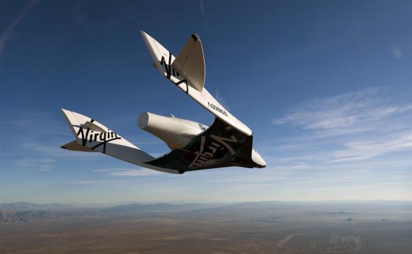 The commercial space ship, pictured here in an earlier test flight, crashed in the California desert. The commercial space ship, pictured here in an earlier test flight, crashed in the California desert.