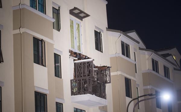 A fourth-floor balcony rests on the balcony below after collapsing at the Library Gardens apartment complex in Berkeley, Calif., early Tuesday. A fourth-floor balcony rests on the balcony below after collapsing at the Library Gardens apartment complex in Berkeley, Calif., early Tuesday.