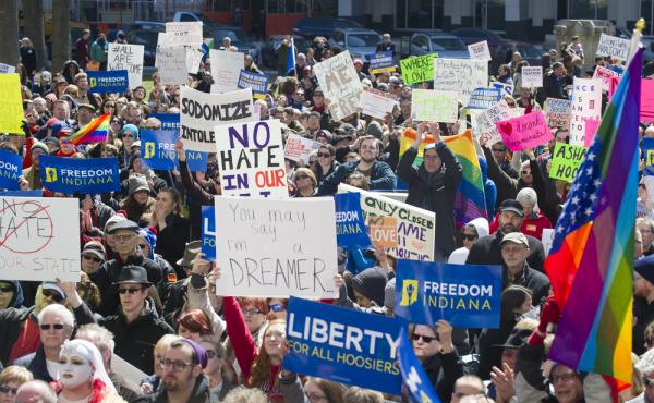 Thousands of opponents of Indiana Senate Bill 101, the Religious Freedom Restoration Act, gathered on the lawn of the Indiana State House to rally against that legislation on Saturday. Thousands of opponents of Indiana Senate Bill 101, the Religious Freedom Restoration Act, gathered on the lawn of the Indiana State House to rally against that legislation on Saturday.