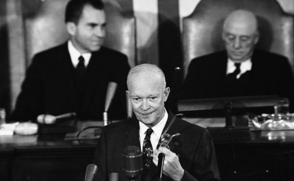 President Dwight Eisenhower delivers his State of the Union address before a joint session of the 86th Congress in 1959. Behind him are Vice President Richard Nixon (left) and Speaker of the House Sam Rayburn. President Dwight Eisenhower delivers his State of the Union address before a joint session of the 86th Congress in 1959. Behind him are Vice President Richard Nixon (left) and Speaker of the House Sam Rayburn.