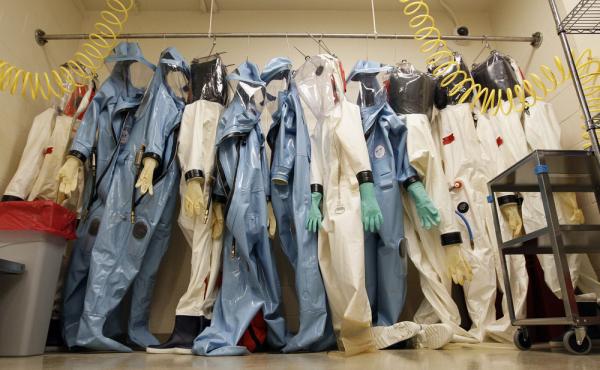 Biohazard suits used to handle dangerous microbes hang in a laboratory at the U.S. Army Medical Research Institute of Infectious Diseases in Fort Detrick, Md. Biohazard suits used to handle dangerous microbes hang in a laboratory at the U.S. Army Medical Research Institute of Infectious Diseases in Fort Detrick, Md.