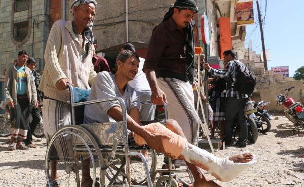 Yemenis wounded in the civil war call for an end to a blockade that's been keeping medical supplies from reaching Taiz. Yemenis wounded in the civil war call for an end to a blockade that's been keeping medical supplies from reaching Taiz.