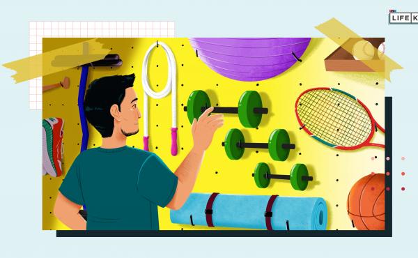 Illustration of a person standing in front of a pegboard of home exercise equipment including hand weights, a tennis racket, a jump-rope, baseballs and a mat. Illustration of a person standing in front of a pegboard of home exercise equipment including hand weights, a tennis racket, a jump-rope, baseballs and a mat.