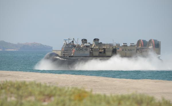 A U.S. Navy hovercraft prepares to hit the beach during amphibious-landing exercises as part of an annual joint U.S.-Philippine military exercise on the shores of San Antonio, facing the South China Sea, in Zambales province, Philippines, on April 11, 201 A U.S. Navy hovercraft prepares to hit the beach during amphibious-landing exercises as part of an annual joint U.S.-Philippine military exercise on the shores of San Antonio, facing the South China Sea, in Zambales province, Philippines, on April 11, 201