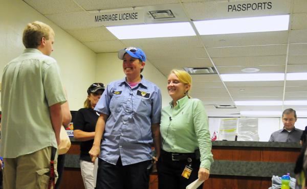 Jennifer Hasler (left) and Karina Tittjung smile after picking up their marriage license at the Oklahoma County courthouse in Oklahoma City Monday. When the U.S. Supreme Court declined to take up the issue of gay marriage, it opened the door for gay men a Jennifer Hasler (left) and Karina Tittjung smile after picking up their marriage license at the Oklahoma County courthouse in Oklahoma City Monday. When the U.S. Supreme Court declined to take up the issue of gay marriage, it opened the door for gay men a