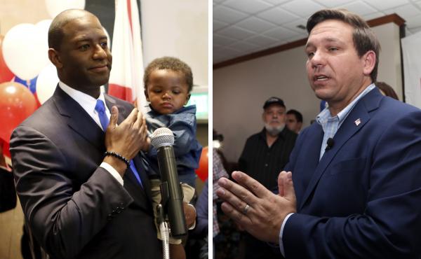 Democrat Andrew Gillum's surprise victory in the Florida gubernatorial primary sets up a race between a young, black progressive and Rep. Ron DeSantis, a Republican who has staked his political career on his ties to President Trump. Democrat Andrew Gillum's surprise victory in the Florida gubernatorial primary sets up a race between a young, black progressive and Rep. Ron DeSantis, a Republican who has staked his political career on his ties to President Trump.