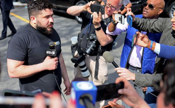 Zack Tahhan, a witness who reportedly notified police of Frank James' whereabouts, gives an interview after leaving the 9th Precinct. James is currently being held in federal lockup in Brooklyn, the Associated Press reported April 14. Zack Tahhan, a witness who reportedly notified police of Frank James' whereabouts, gives an interview after leaving the 9th Precinct. James is currently being held in federal lockup in Brooklyn, the Associated Press reported April 14.