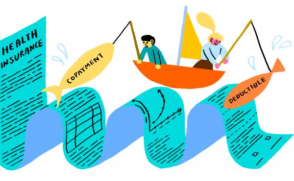 A long document labeled "health insurance" turns into waves as the document stretches across the screen. Two people in a small boat ride the "waves" of the document, fishing for the jargon like "deductible" and "copayment." A long document labeled "health insurance" turns into waves as the document stretches across the screen. Two people in a small boat ride the "waves" of the document, fishing for the jargon like "deductible" and "copayment."
