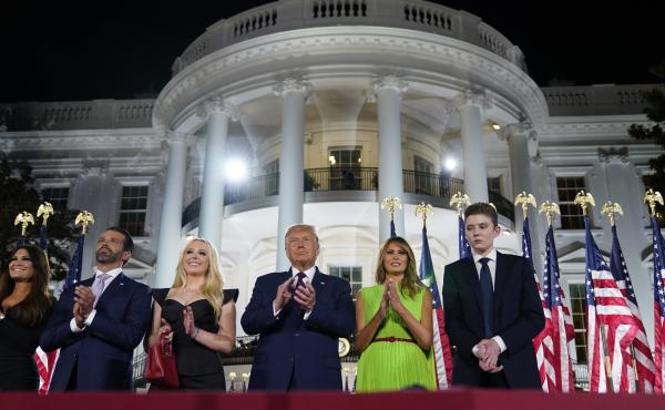 From left, Kimberly Guilfoyle, Donald Trump Jr., Tiffany Trump, President Trump, first lady Melania Trump and Barron Trump stand on the South Lawn of the White House on the last night of the Republican National Convention. From left, Kimberly Guilfoyle, Donald Trump Jr., Tiffany Trump, President Trump, first lady Melania Trump and Barron Trump stand on the South Lawn of the White House on the last night of the Republican National Convention.