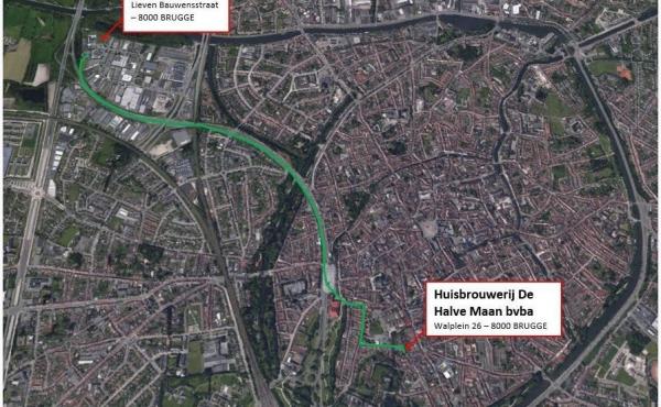 A map provided by the Halve Maan brewery in Bruges, Belgium, shows the projected path of a beer pipeline, from the brewery (lower right) to its bottling plant. A map provided by the Halve Maan brewery in Bruges, Belgium, shows the projected path of a beer pipeline, from the brewery (lower right) to its bottling plant.
