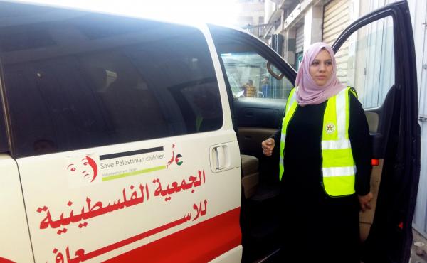 Hanan Abu Qassem is the first female EMT to staff professional soccer games in Gaza. Hanan Abu Qassem is the first female EMT to staff professional soccer games in Gaza.
