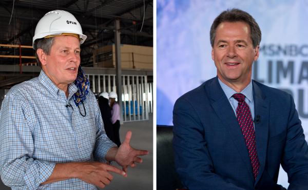 Left: Incumbent Republican Sen. Steve Daines speaks at a manufacturing facility under construction in Bozeman, Mont., in September. Right: Montana Senate candidate Gov. Steve Bullock in 2019. Left: Incumbent Republican Sen. Steve Daines speaks at a manufacturing facility under construction in Bozeman, Mont., in September. Right: Montana Senate candidate Gov. Steve Bullock in 2019.