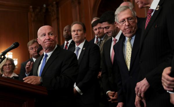 House Ways and Means Committee Chairman Kevin Brady, left, pauses while speaking during a press event with Republican leaders to discuss their tax plans on Sept. 27 in Washington, D.C. House Ways and Means Committee Chairman Kevin Brady, left, pauses while speaking during a press event with Republican leaders to discuss their tax plans on Sept. 27 in Washington, D.C.