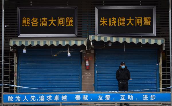 A security guard stands outside the Huanan Seafood Wholesale Market, where the novel coronavirus was detected in Wuhan, China. A security guard stands outside the Huanan Seafood Wholesale Market, where the novel coronavirus was detected in Wuhan, China.