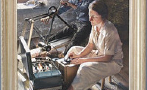 This painting of Virginia Hall hangs in one of the main hallways near the entrance of CIA headquarters. The painting shows her making radio contact with London from an old barn in France to request supplies and personnel. Power for her radio was provided This painting of Virginia Hall hangs in one of the main hallways near the entrance of CIA headquarters. The painting shows her making radio contact with London from an old barn in France to request supplies and personnel. Power for her radio was provided
