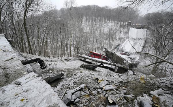 Ten people were injured and at least three hospitalized after a bridge collapsed early Friday in Pittsburgh's East End. Ten people were injured and at least three hospitalized after a bridge collapsed early Friday in Pittsburgh's East End.