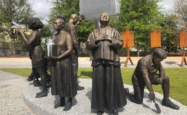 Artist Branly Cadet's Arise sculpture at the National Memorial for Peace and Justice in Montgomery, Ala., portrays community activists. Artist Branly Cadet's Arise sculpture at the National Memorial for Peace and Justice in Montgomery, Ala., portrays community activists.