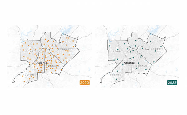 Maps of ballot drop box locations in four Georgia counties (Cobb, Fulton, Dekalb, Gwinnett) in 2020 and 2022. The number of drop boxes fell from 107 in 2020 to 25 in 2022. Maps of ballot drop box locations in four Georgia counties (Cobb, Fulton, Dekalb, Gwinnett) in 2020 and 2022. The number of drop boxes fell from 107 in 2020 to 25 in 2022.