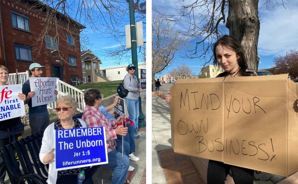 (Left) More than 100 people have been attending weekly anti-abortion prayer vigils outside the site of a future Casper, Wyo., clinic offering abortion and other health care services. (Right) Abortion-rights supporter Rikki Hayes holds up a sign near the s (Left) More than 100 people have been attending weekly anti-abortion prayer vigils outside the site of a future Casper, Wyo., clinic offering abortion and other health care services. (Right) Abortion-rights supporter Rikki Hayes holds up a sign near the s