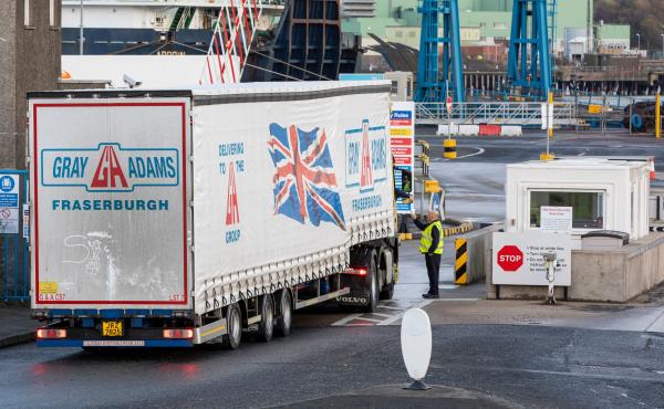 A truck arrives at Larne port in County Antrim, where a customs post has been established as part of the Northern Ireland Protocol, on November 29, 2021. A truck arrives at Larne port in County Antrim, where a customs post has been established as part of the Northern Ireland Protocol, on November 29, 2021.