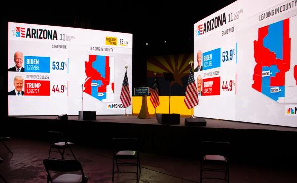 Arizona presidential election results from MSNBC are displayed during Democratic Senate candidate Mark Kelly's Nov. 3 election-night event in Tucson, Ariz. Like many other news organizations, NBC held off on calling Arizona for Joe Biden, while The Associ Arizona presidential election results from MSNBC are displayed during Democratic Senate candidate Mark Kelly's Nov. 3 election-night event in Tucson, Ariz. Like many other news organizations, NBC held off on calling Arizona for Joe Biden, while The Associ