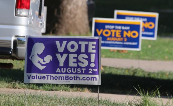 Political signs for the state constitutional amendment vote on abortion rights in Kansas sit near each other in yards in Overland Park, Kan., July 16, 2022. Political signs for the state constitutional amendment vote on abortion rights in Kansas sit near each other in yards in Overland Park, Kan., July 16, 2022.