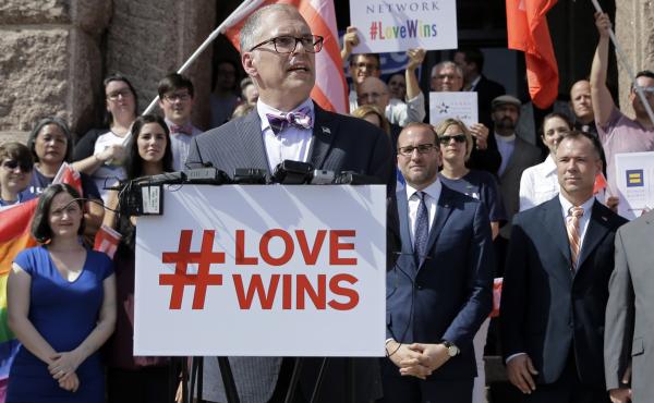 Jim Obergefell, the named plaintiff in the Obergefell v. Hodges Supreme Court case that legalized same-sex marriage, stands at the Texas Capitol during a rally on June 29, 2015. Jim Obergefell, the named plaintiff in the Obergefell v. Hodges Supreme Court case that legalized same-sex marriage, stands at the Texas Capitol during a rally on June 29, 2015.
