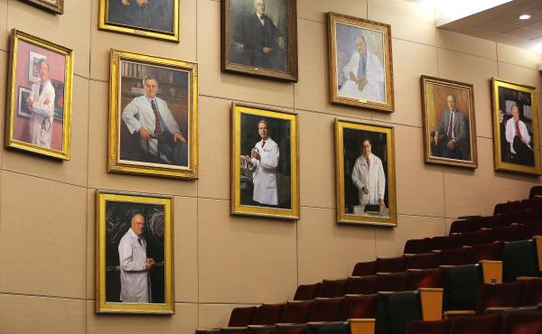 All the portraits hanging on the wall inside the Louis Bornstein Family Amphitheater at Brigham and Women's Hospital in Boston on June 12, 2018 were of men, nearly all white. The portraits have since been removed. All the portraits hanging on the wall inside the Louis Bornstein Family Amphitheater at Brigham and Women's Hospital in Boston on June 12, 2018 were of men, nearly all white. The portraits have since been removed.