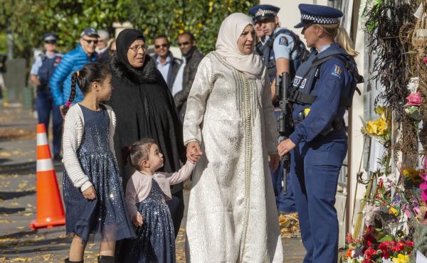 Families outside of the Al Noor Mosque, one of two targeted in the March 15th shootings in Christchurch, New Zealand. Families outside of the Al Noor Mosque, one of two targeted in the March 15th shootings in Christchurch, New Zealand.