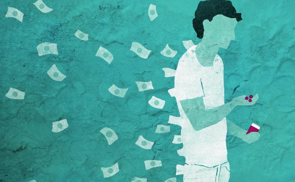 Man holding pills with banknote money flying away Man holding pills with banknote money flying away