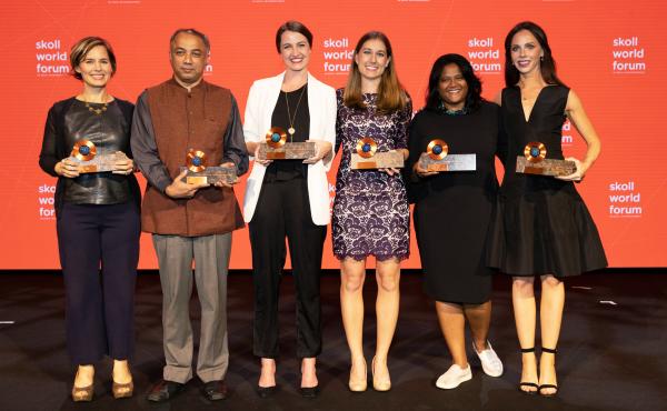 Winners of the 2018 Skoll Awards for Social Entrepreneurship (from left) are Jennifer Pahlka, Harish Hande, Jess Ladd, Lesley Marincola, Anushka Ratnayake and Barbara Pierce Bush. Winners of the 2018 Skoll Awards for Social Entrepreneurship (from left) are Jennifer Pahlka, Harish Hande, Jess Ladd, Lesley Marincola, Anushka Ratnayake and Barbara Pierce Bush.
