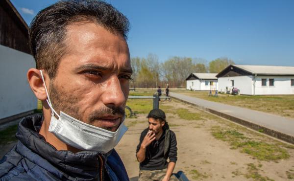 Mohammad al-Muhammad (left) and Hatem al-Hamad in the Krnjaca asylum center in Serbia. Muhammad fled his home in Syria and managed to cross into Romania in December. He says he lost 85% of his eyesight after Romanian police caught him and beat him with a Mohammad al-Muhammad (left) and Hatem al-Hamad in the Krnjaca asylum center in Serbia. Muhammad fled his home in Syria and managed to cross into Romania in December. He says he lost 85% of his eyesight after Romanian police caught him and beat him with a