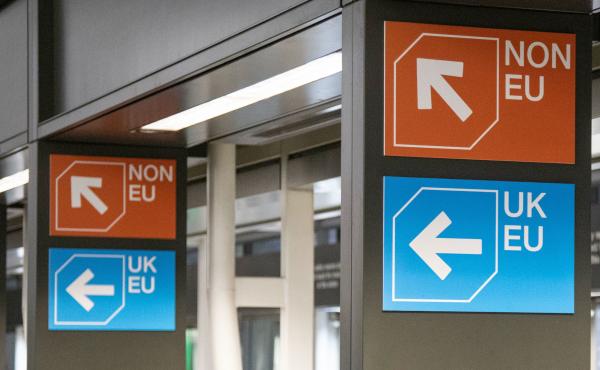 The EU will offer visa exemptions to U.K. travelers, even if Brexit takes place without a deal. But the law would require the U.K. to offer reciprocal visa-free travel to all EU nations. Here, customs signs are seen in London's Stansted airport. The EU will offer visa exemptions to U.K. travelers, even if Brexit takes place without a deal. But the law would require the U.K. to offer reciprocal visa-free travel to all EU nations. Here, customs signs are seen in London's Stansted airport.