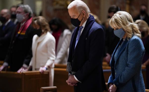 President Joe Biden and his wife, Jill Biden, shown here on Jan. 20, 2021, attend Mass at the Cathedral of St. Matthew the Apostle during Inauguration Day ceremonies in Washington, D.C. President Joe Biden and his wife, Jill Biden, shown here on Jan. 20, 2021, attend Mass at the Cathedral of St. Matthew the Apostle during Inauguration Day ceremonies in Washington, D.C.