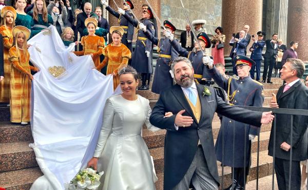 Grand Duke George Mikhailovich Romanov and his Italian bride, Victoria Romanovna Bettarini, exit St. Isaac's Cathedral following their wedding in St. Petersburg, Russia. Grand Duke George Mikhailovich Romanov and his Italian bride, Victoria Romanovna Bettarini, exit St. Isaac's Cathedral following their wedding in St. Petersburg, Russia.