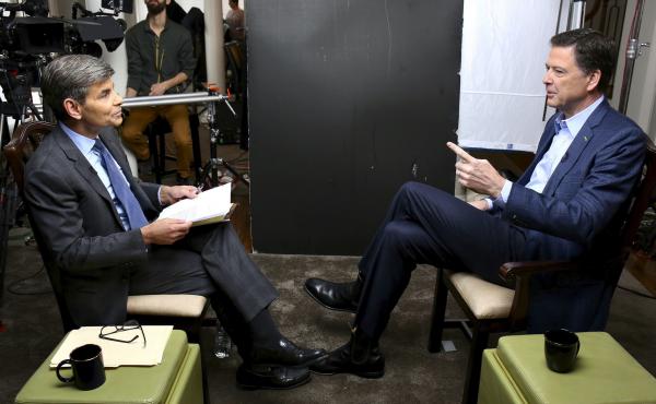 In this image released by ABC News, correspondent George Stephanopoulos (left) appears with former FBI director James Comey for a taped interview that aired during a prime-time 20/20 special on Sunday. In this image released by ABC News, correspondent George Stephanopoulos (left) appears with former FBI director James Comey for a taped interview that aired during a prime-time 20/20 special on Sunday.