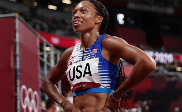 Allyson Felix reacts after winning a gold medal in the Women's 4 x 400m Relay Final at the Tokyo Olympic Games in August 2021. Allyson Felix reacts after winning a gold medal in the Women's 4 x 400m Relay Final at the Tokyo Olympic Games in August 2021.