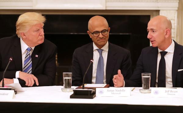 President Trump met with Microsoft CEO Satya Nadella and Amazon CEO Jeff Bezos as part of the American Technology Council in June 2017. President Trump met with Microsoft CEO Satya Nadella and Amazon CEO Jeff Bezos as part of the American Technology Council in June 2017.