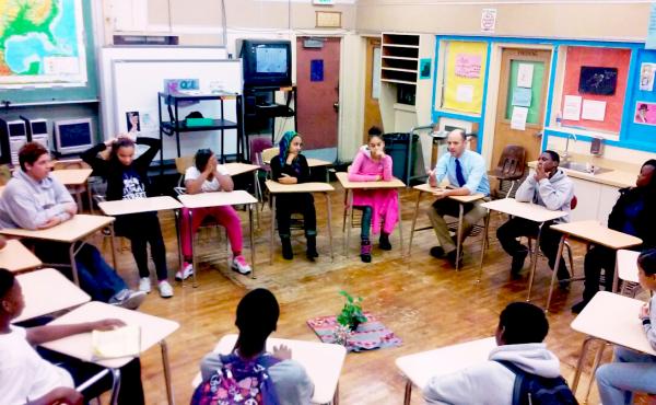 A restorative justice circle at Edna Brewer Middle School in Oakland, Calif. A restorative justice circle at Edna Brewer Middle School in Oakland, Calif.
