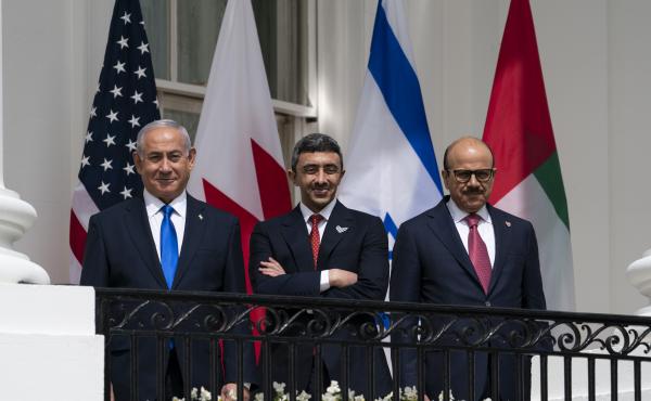 Israeli Prime Minister Benjamin Netanyahu (left), United Arab Emirates Foreign Minister Abdullah bin Zayed al-Nahyan (center) and Bahrain Foreign Minister Khalid bin Ahmed Al Khalifa during the Abraham Accords signing ceremony in September. Israeli Prime Minister Benjamin Netanyahu (left), United Arab Emirates Foreign Minister Abdullah bin Zayed al-Nahyan (center) and Bahrain Foreign Minister Khalid bin Ahmed Al Khalifa during the Abraham Accords signing ceremony in September.