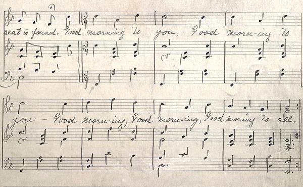 A glimpse of the Hill sisters' work. The handwritten notes to "Good Morning to All" offer singers a guide to the simpler tune. A glimpse of the Hill sisters' work. The handwritten notes to "Good Morning to All" offer singers a guide to the simpler tune.