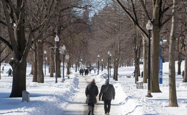 People walk on Boston Common in Boston after a snowstorm on Sunday. A powerful nor'easter last weekend brought blinding blizzard conditions with high winds causing widespread power outages to much of the Mid-Atlantic and New England coast. The storm dropp People walk on Boston Common in Boston after a snowstorm on Sunday. A powerful nor'easter last weekend brought blinding blizzard conditions with high winds causing widespread power outages to much of the Mid-Atlantic and New England coast. The storm dropp