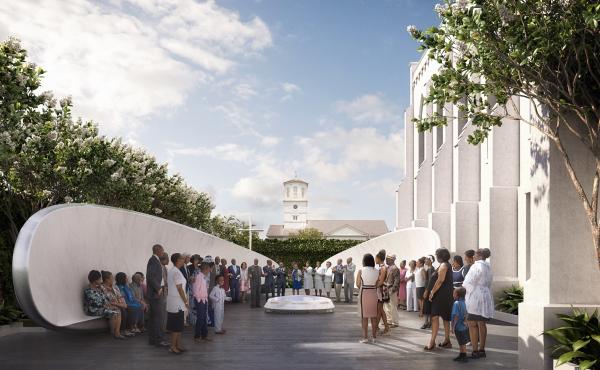 An architectural rendering shows the proposed design for a memorial on the Emanuel AME Church grounds, showing the fellowship benches and names fountain as seen from Calhoun Street in Charleston, S.C. An architectural rendering shows the proposed design for a memorial on the Emanuel AME Church grounds, showing the fellowship benches and names fountain as seen from Calhoun Street in Charleston, S.C.